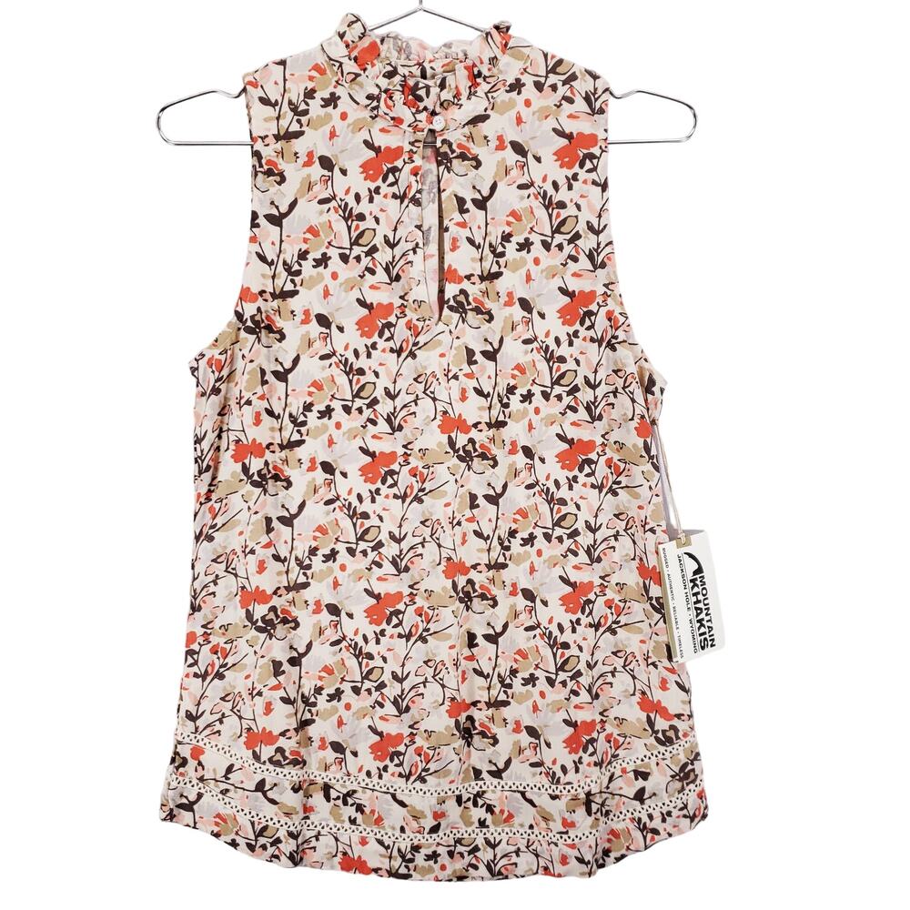 Mountain Khakis Shirt Womens Extra Small Cream Floral Ruffle Neck Keyhole Top